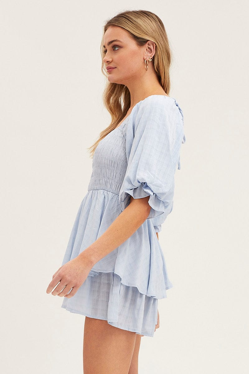 PLAYSUIT Blue Playsuit Short Sleeve Square Neck for Women by Ally