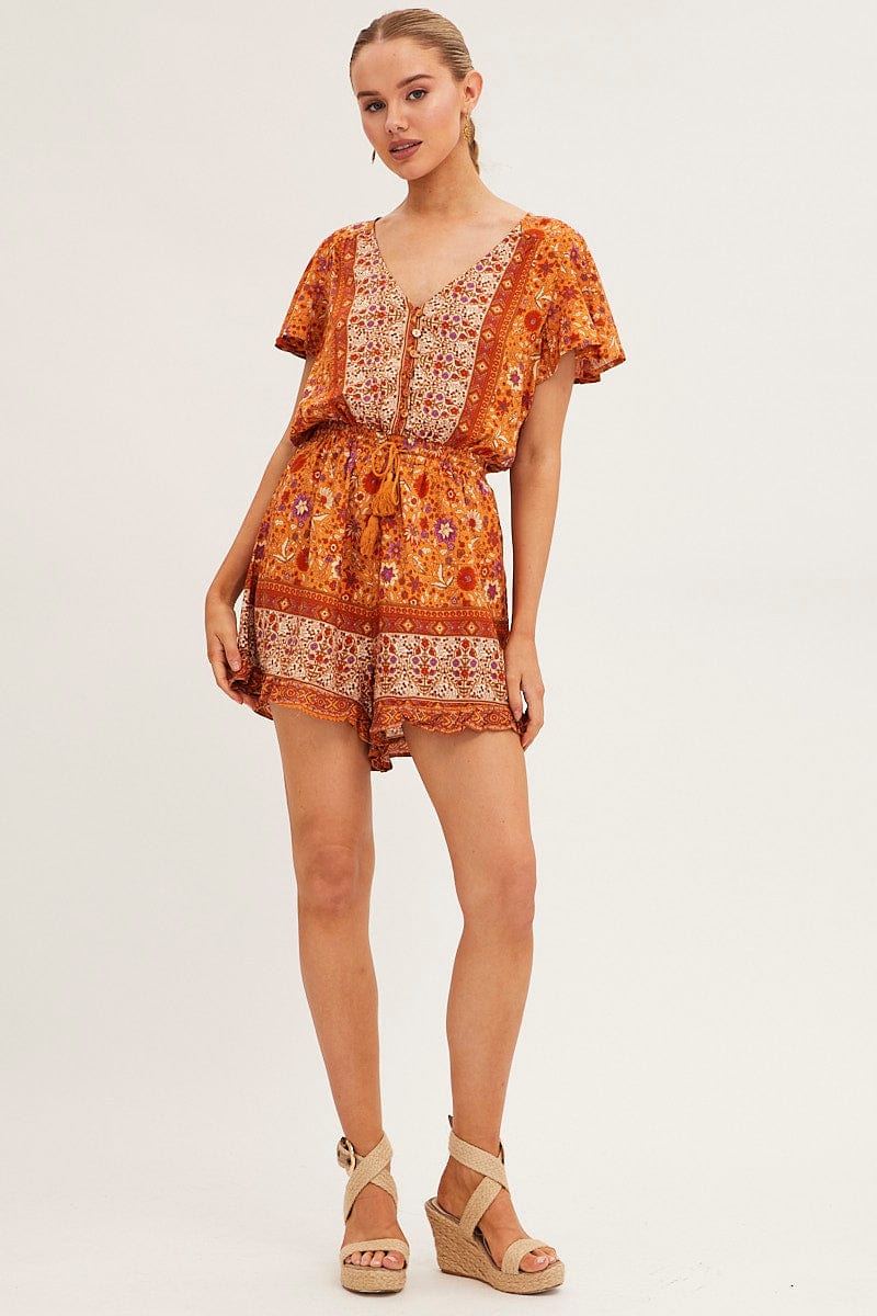 PLAYSUIT Boho Print V-Neck Playsuit Short Sleeve for Women by Ally