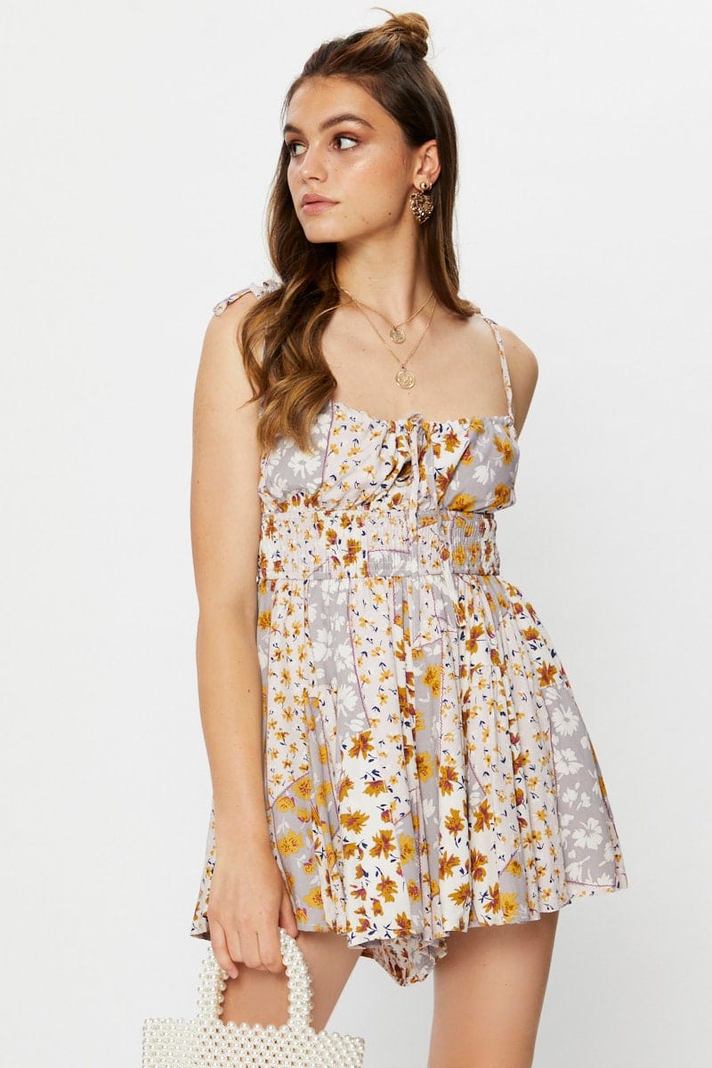 PLAYSUIT Floral Print Sleeveless Floral Print Tie Shoulder Playsuit for Women by Ally