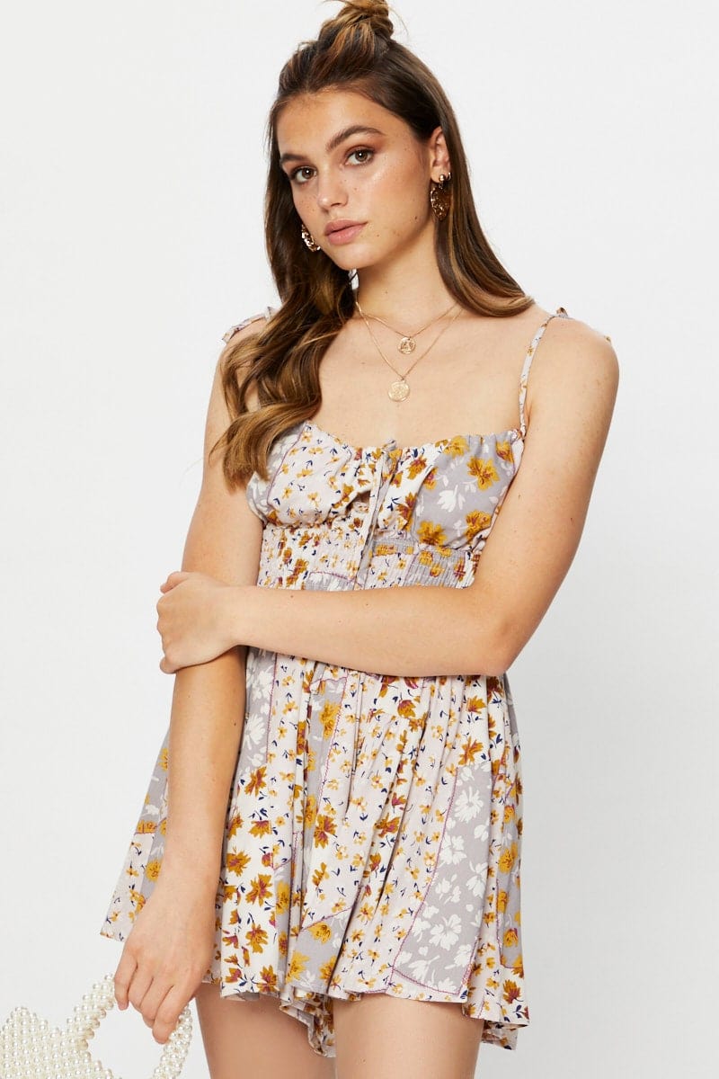 PLAYSUIT Floral Print Sleeveless Floral Print Tie Shoulder Playsuit for Women by Ally