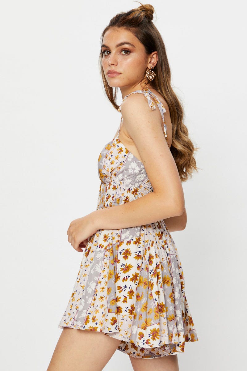 PLAYSUIT Floral Print Sleeveless Floral Print Tie Shoulder Playsuit for Women by Ally