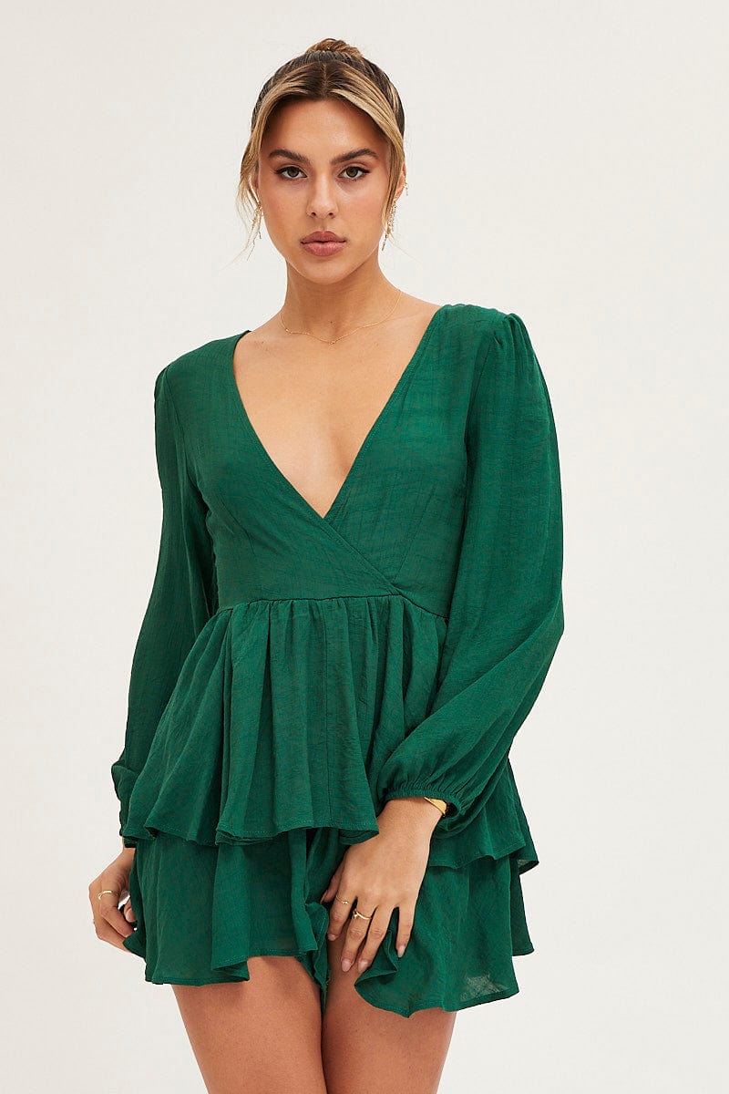 PLAYSUIT Green Playsuit Long Sleeve V Neck for Women by Ally