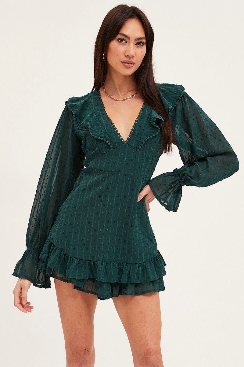 Women’s Green Playsuit Long Sleeve V Neck | Ally Fashion