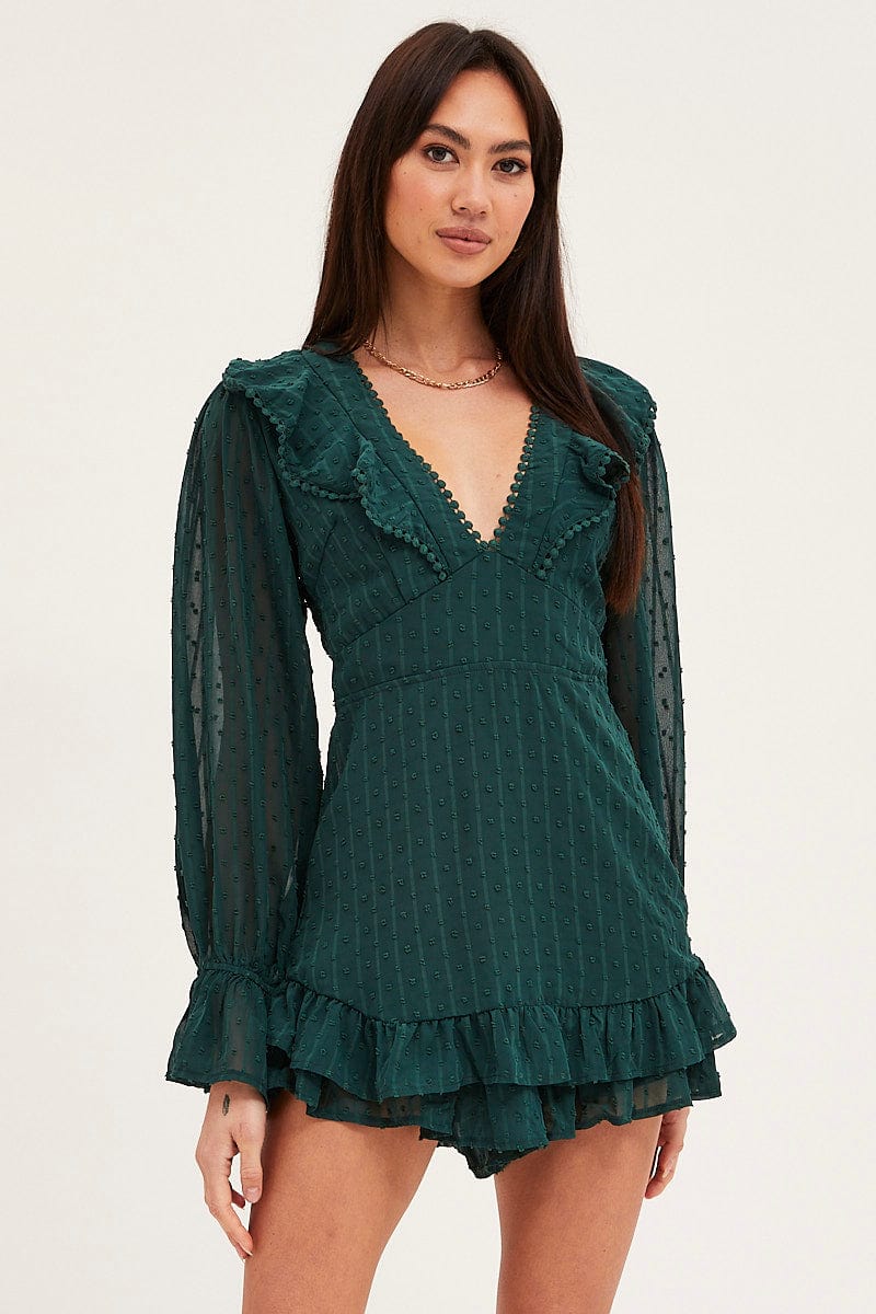 PLAYSUIT Green Playsuit Long Sleeve V Neck for Women by Ally