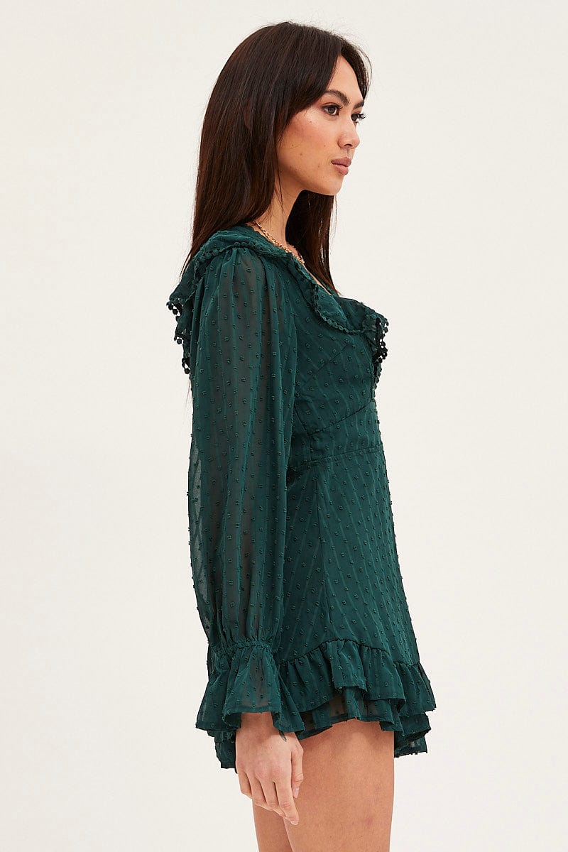 PLAYSUIT Green Playsuit Long Sleeve V Neck for Women by Ally