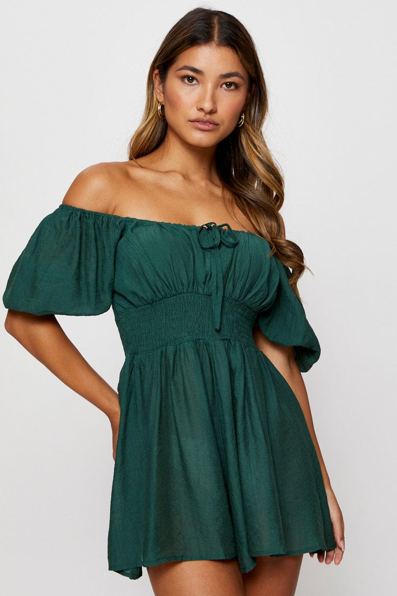 PLAYSUIT Green Playsuit Off Shoulder Mini for Women by Ally