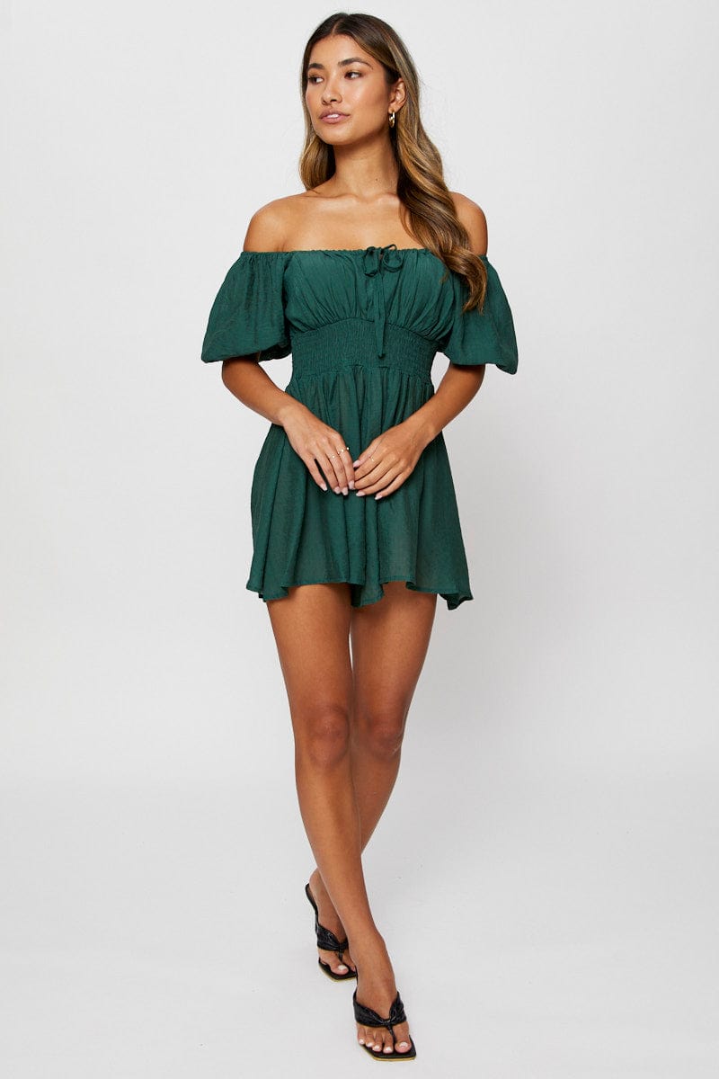PLAYSUIT Green Playsuit Off Shoulder Mini for Women by Ally