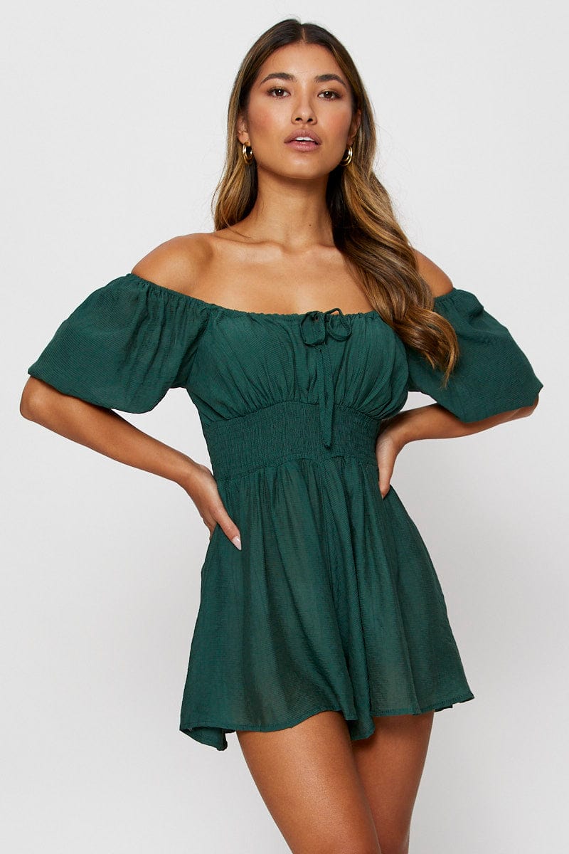 PLAYSUIT Green Playsuit Off Shoulder Mini for Women by Ally