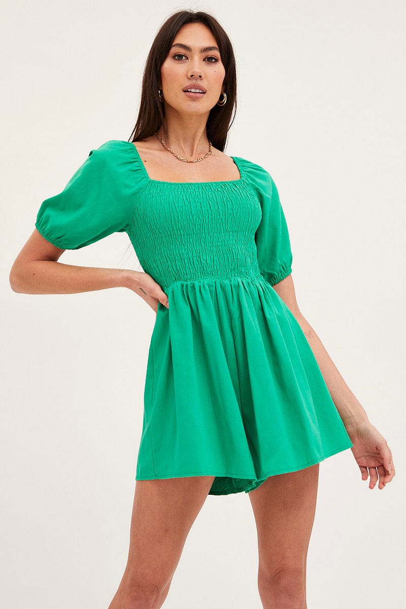 PLAYSUIT Green Playsuit Short Sleeve Square Neck for Women by Ally