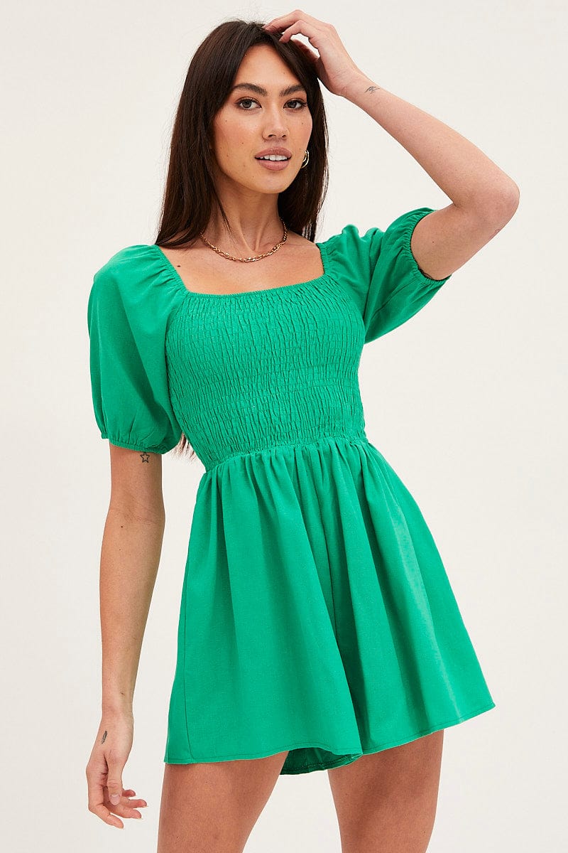 PLAYSUIT Green Playsuit Short Sleeve Square Neck for Women by Ally