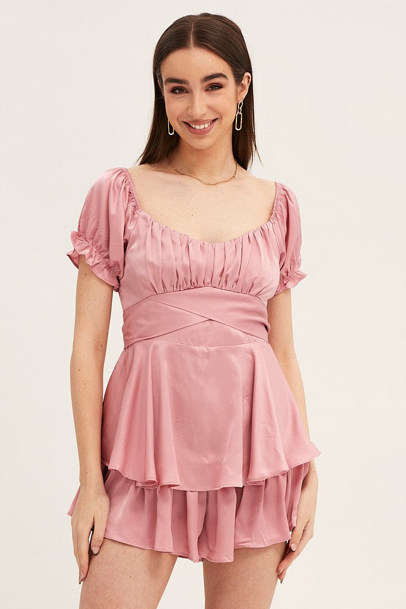 PLAYSUIT Pink Playsuit V Neck Satin for Women by Ally