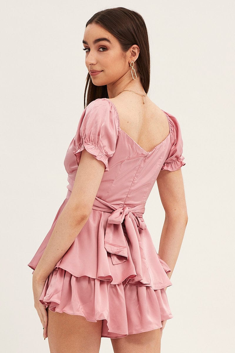 PLAYSUIT Pink Playsuit V Neck Satin for Women by Ally