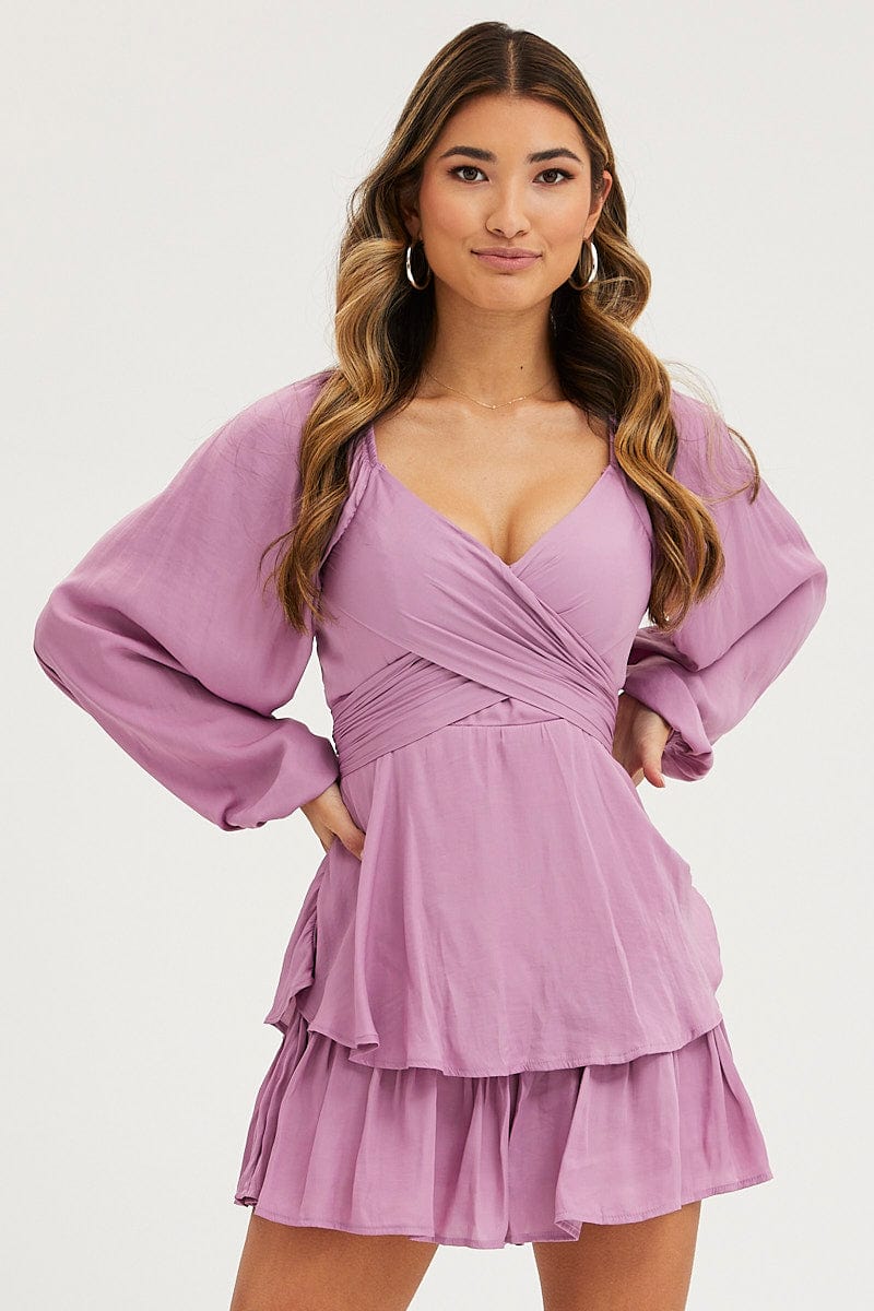 PLAYSUIT Purple Wrap Playsuit Long Sleeve for Women by Ally