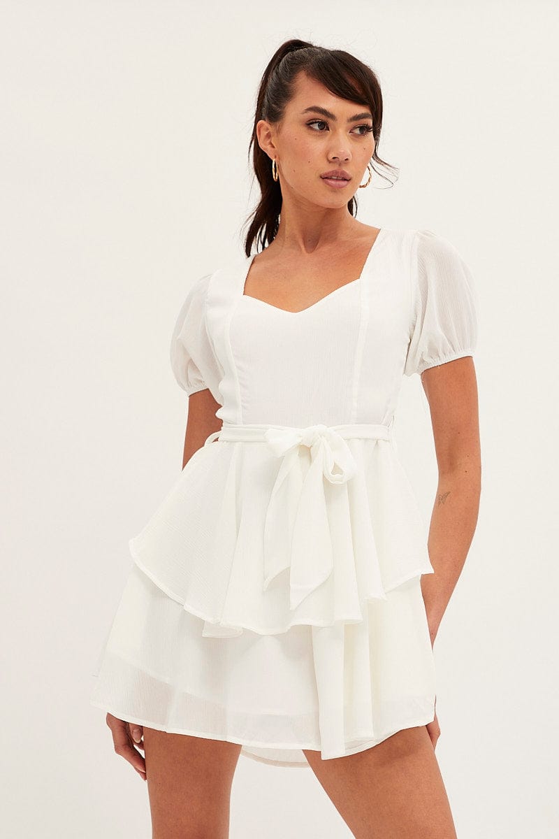 PLAYSUIT White Playsuit Short Sleeve Ruffle Sweetheart Neck for Women by Ally