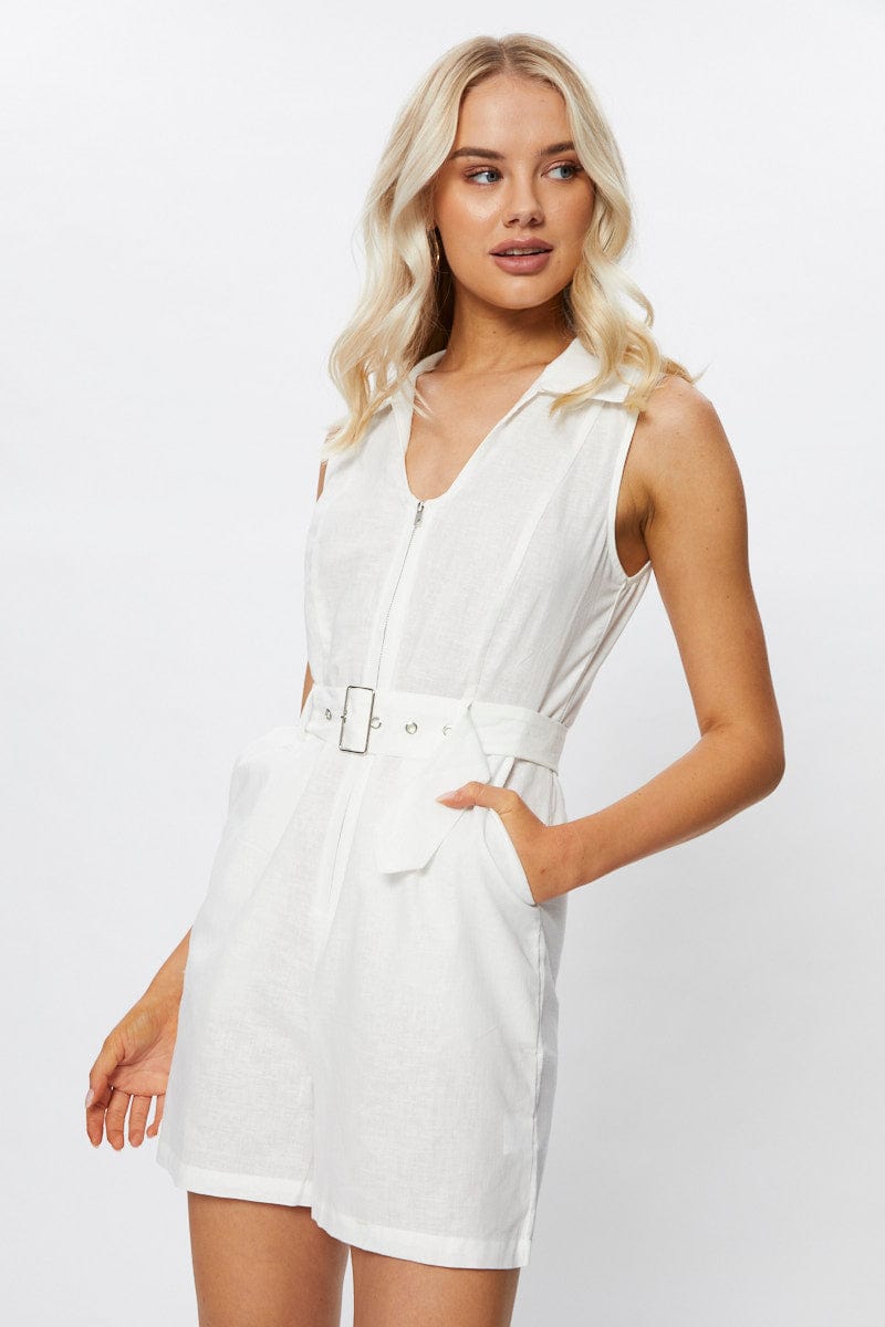 PLAYSUIT White Sleeveless Linen Belted Playsuit for Women by Ally