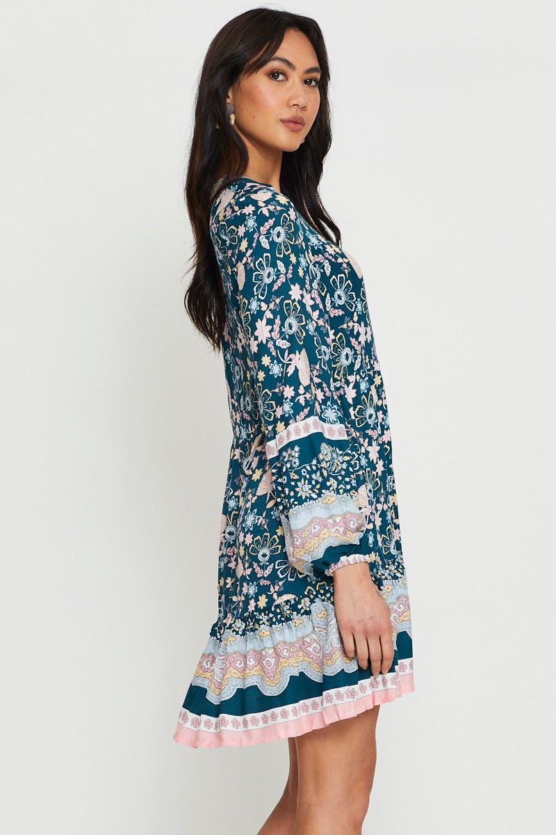 PMO FB SMOCK DRESS Print Mini Dress Long Sleeve for Women by Ally