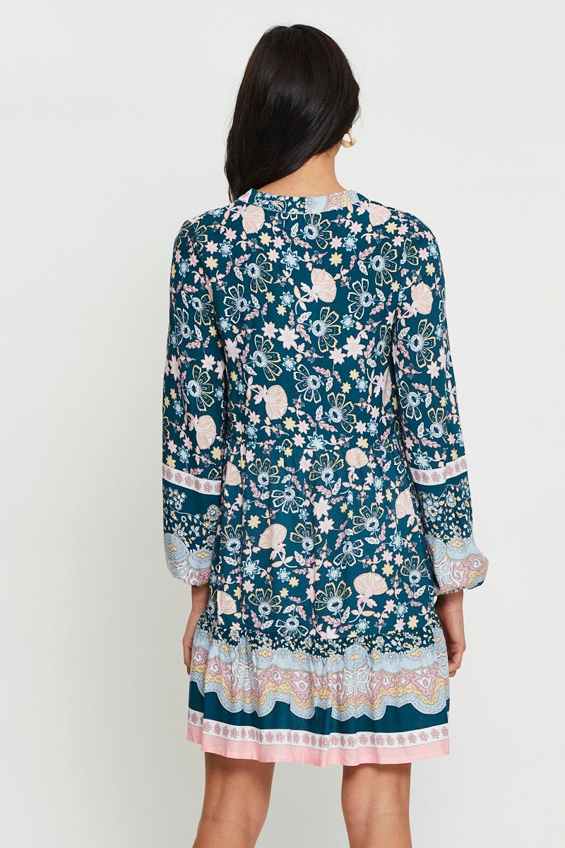 PMO FB SMOCK DRESS Print Mini Dress Long Sleeve for Women by Ally