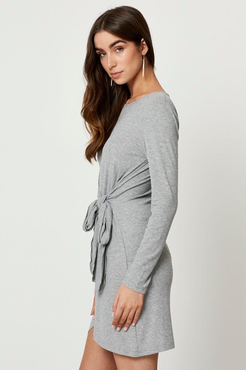 PMO FB WRAP DRESS Grey Long Sleeve Wrap Dress for Women by Ally