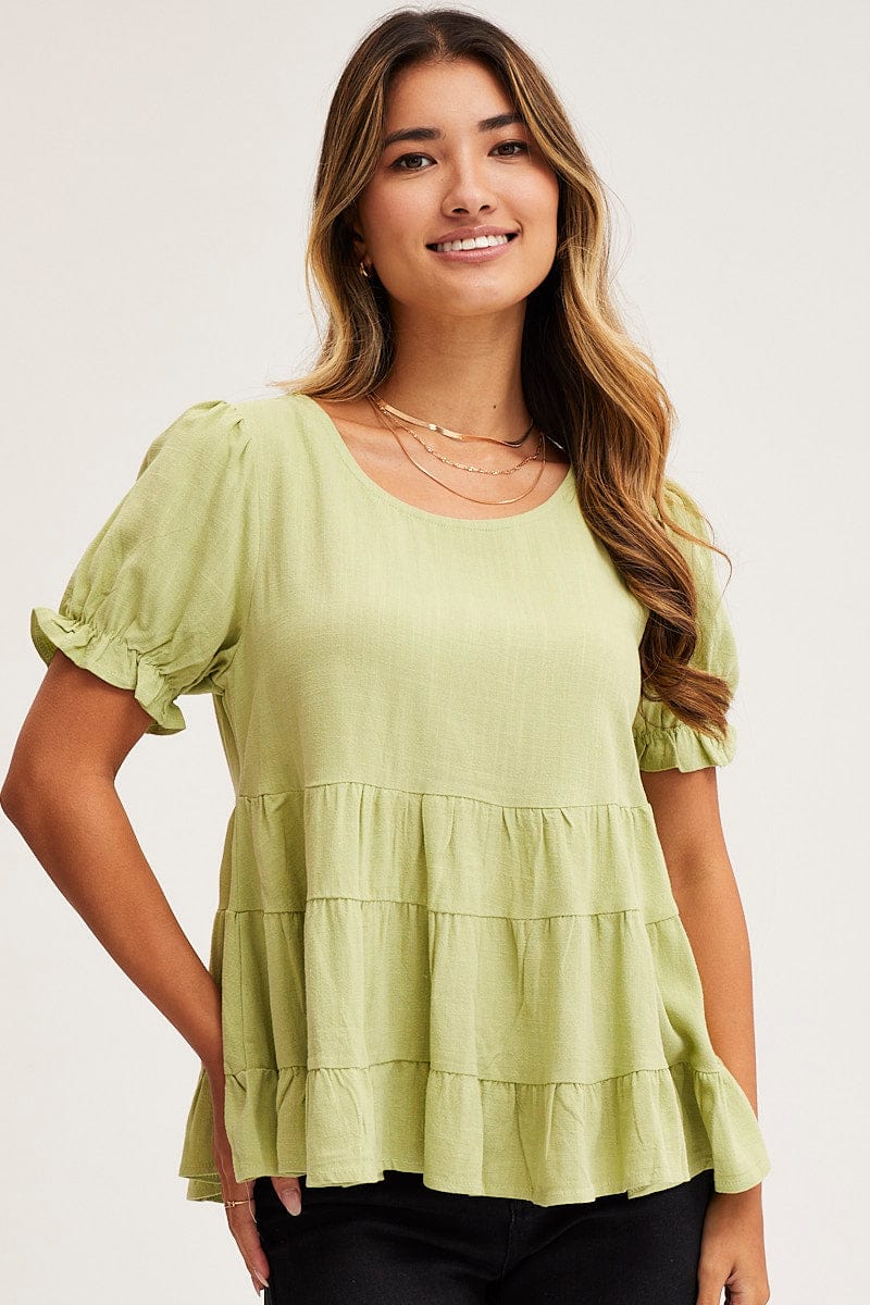 PROMO C WOVEN Green Smock Top Short Sleeve for Women by Ally