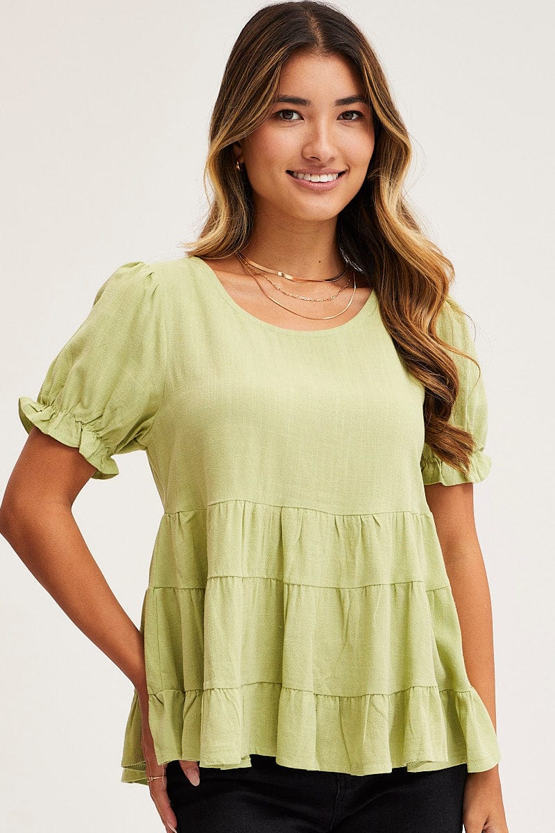 PROMO C WOVEN Green Smock Top Short Sleeve for Women by Ally