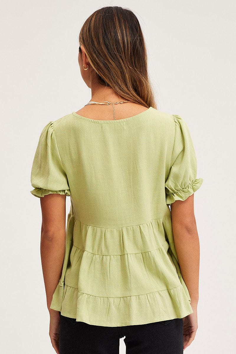 PROMO C WOVEN Green Smock Top Short Sleeve for Women by Ally