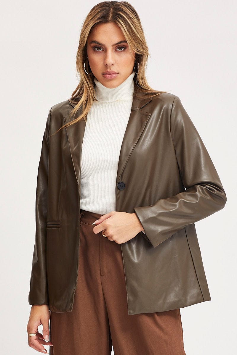 PU JACKET Brown Faux Leather Jacket Long Sleeve Oversized for Women by Ally