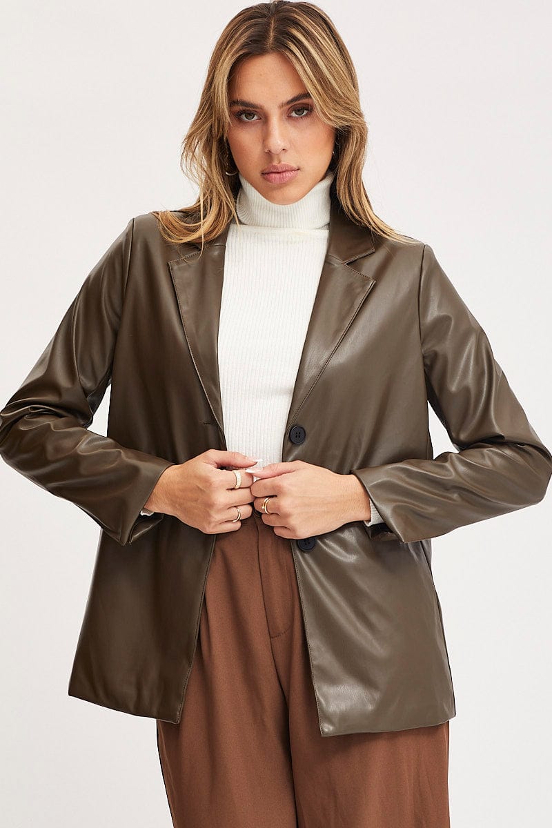PU JACKET Brown Faux Leather Jacket Long Sleeve Oversized for Women by Ally