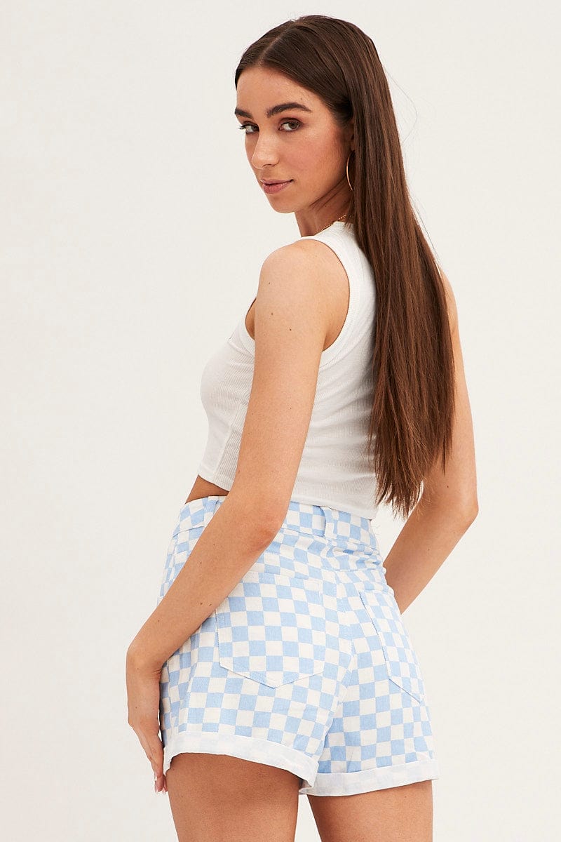 RELAXED SHORT Blue Check Relaxed Denim Shorts High Rise for Women by Ally