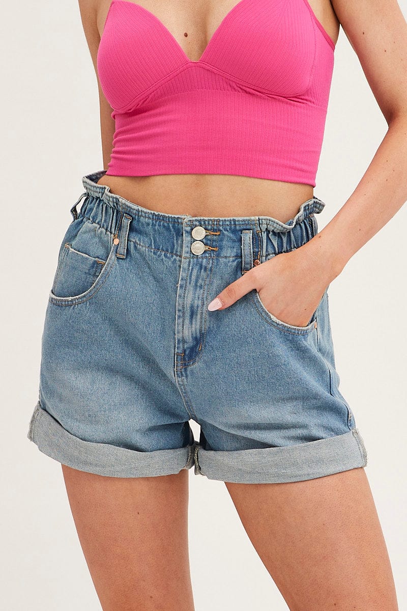 RELAXED SHORT Blue Denim Shorts High Waist Paperbag for Women by Ally