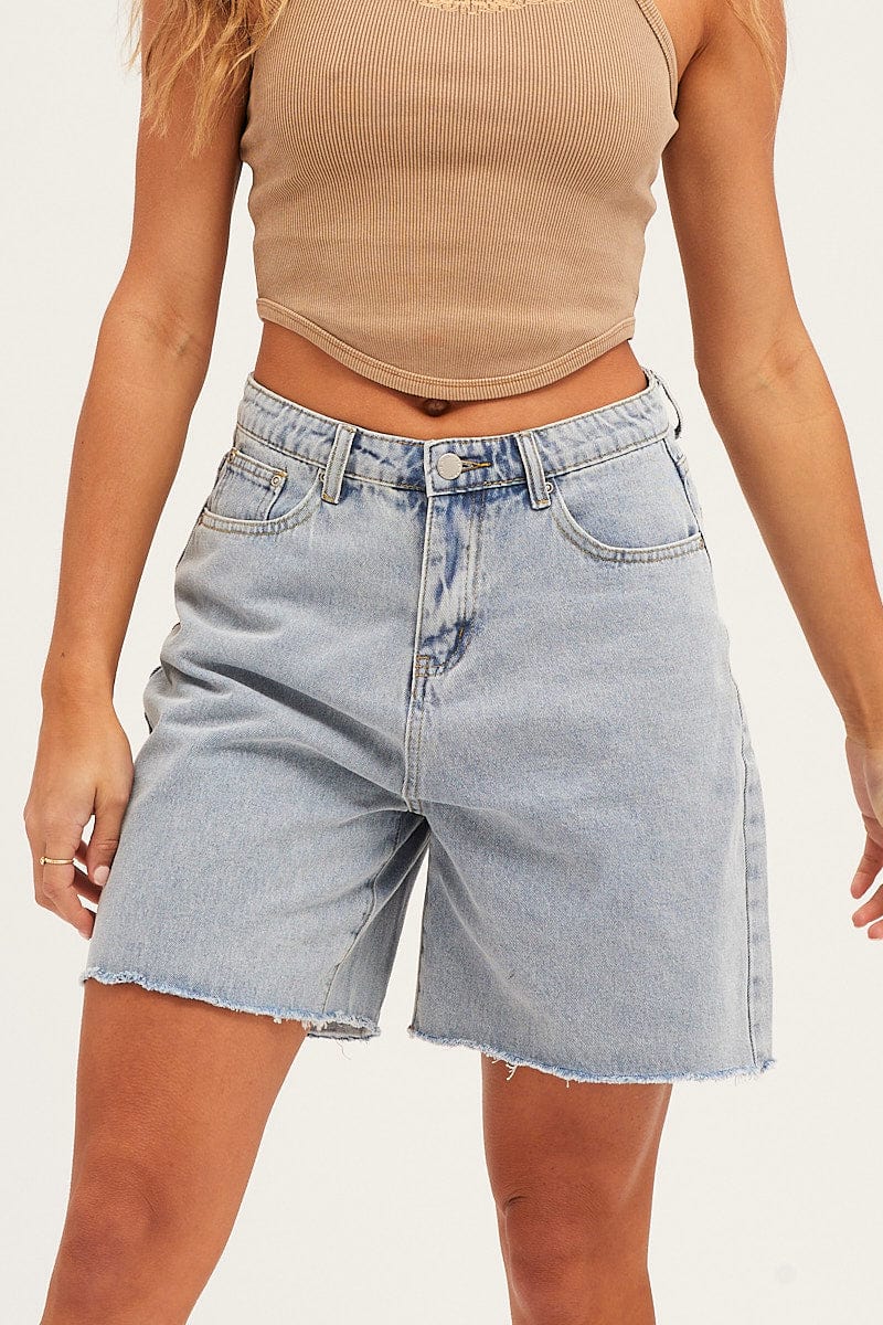 RELAXED SHORT Blue High Waist Longline Denim Shorts for Women by Ally