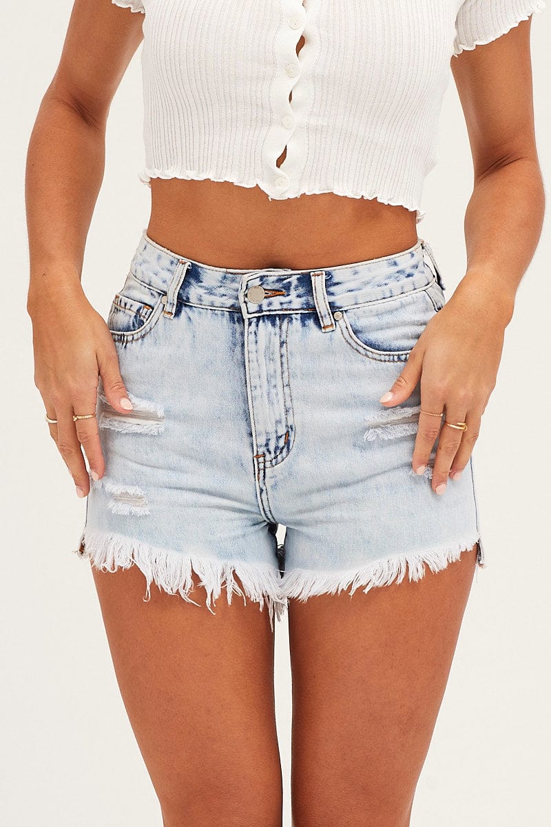 RELAXED SHORT Steel Blue High Rise Raw Edge Relaxed Denim Shorts for Women by Ally