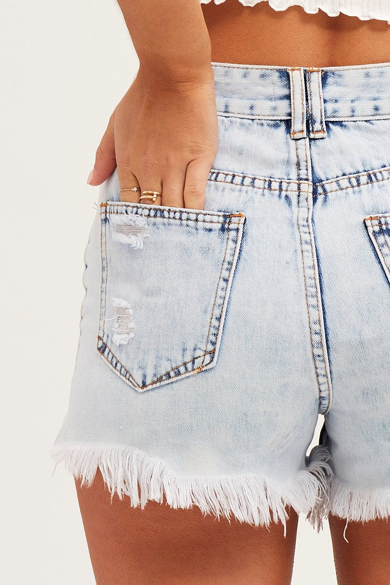 RELAXED SHORT Steel Blue High Rise Raw Edge Relaxed Denim Shorts for Women by Ally