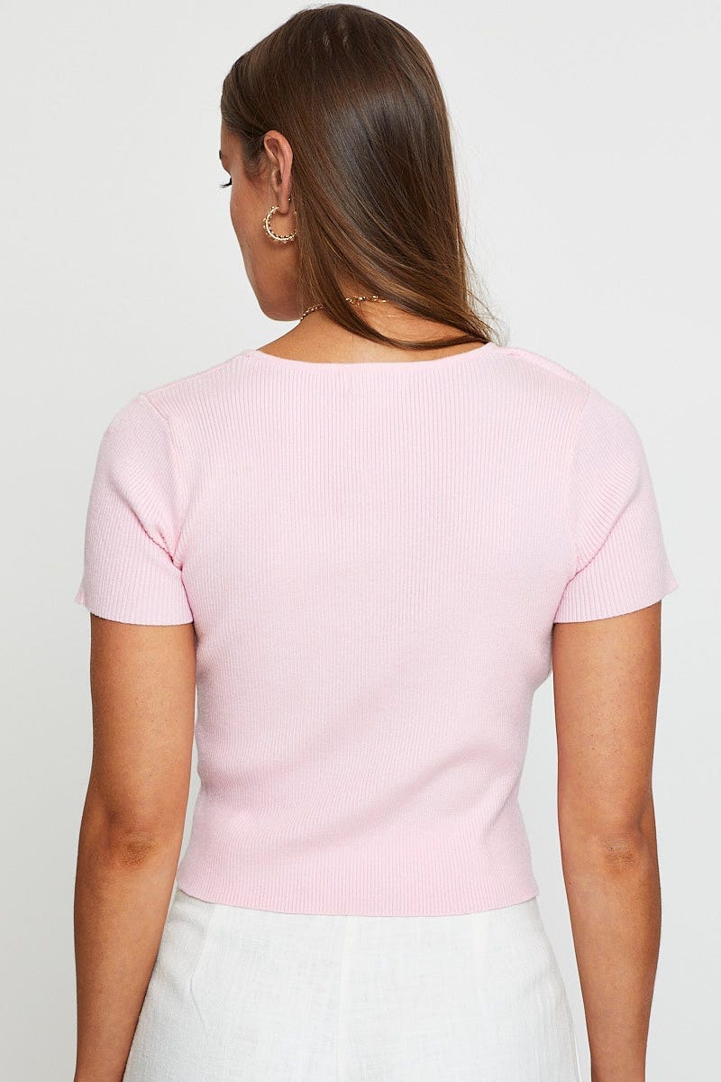 Short Sleeve Knitted Top - Pink - Pomelo Fashion