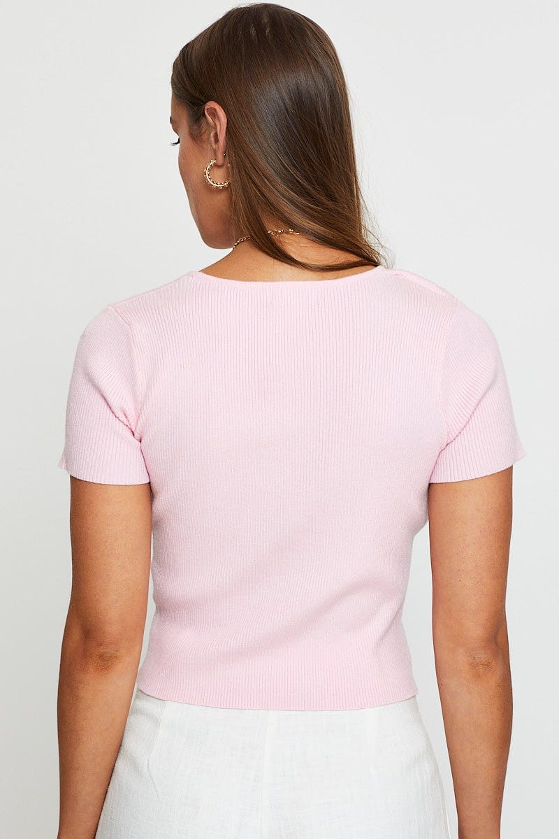 Women’s Pink Knit Top Short Sleeve Cut Out Ally Fashion