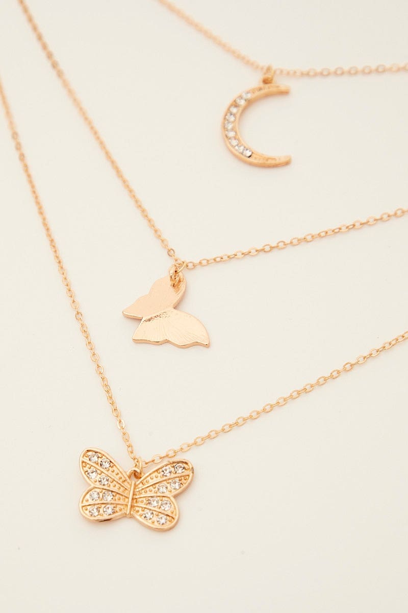 RING Metallic Butterfly And Moon Pendent Layered Necklace for Women by Ally