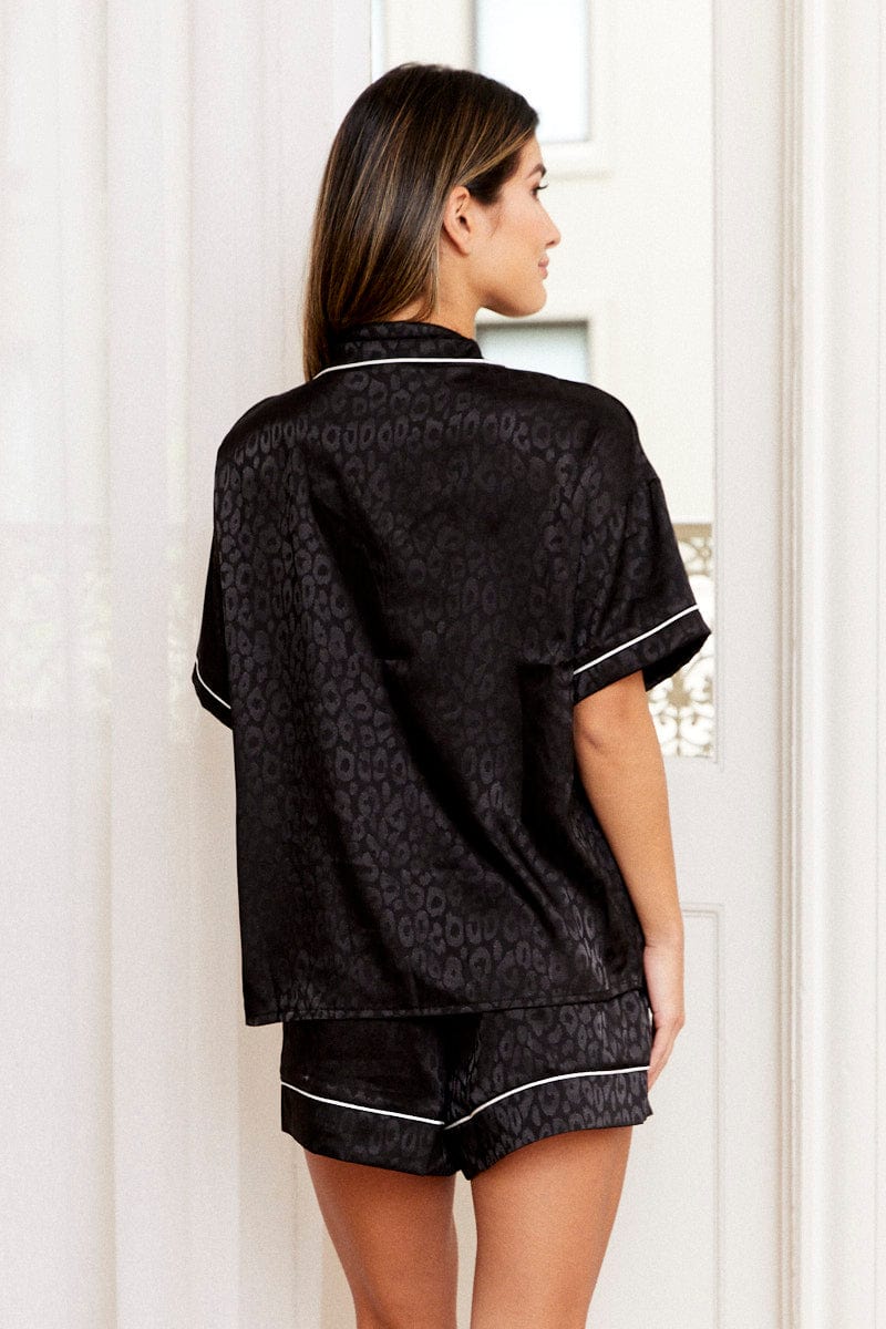 SATIN SET Black Animal Print Pyjamas Set Short Sleeve Collared Shorts Satin for Women by Ally
