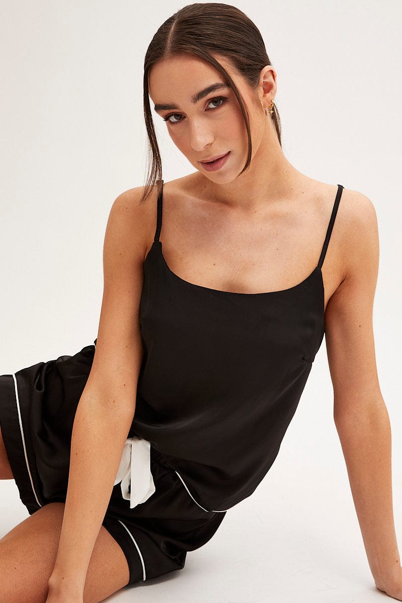 SATIN SET Black Pyjamas Set Scoop Neck Cami Top & Shorts Satin for Women by Ally