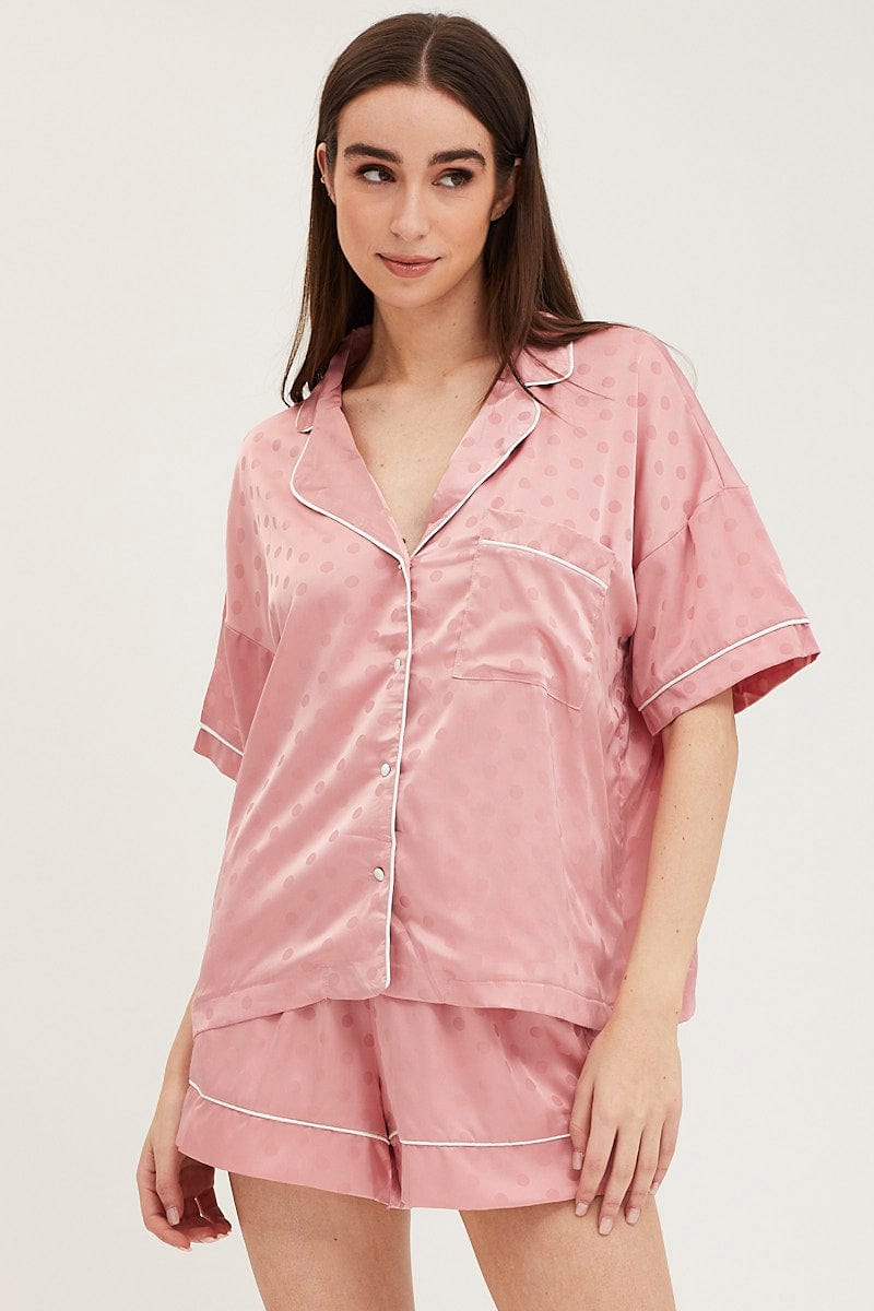 SATIN SET Pink Satin Pajamas Set Short Sleeve for Women by Ally