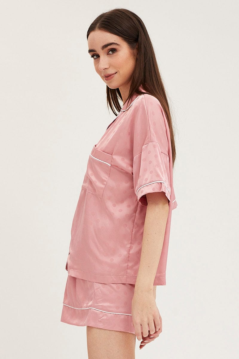 SATIN SET Pink Satin Pajamas Set Short Sleeve for Women by Ally