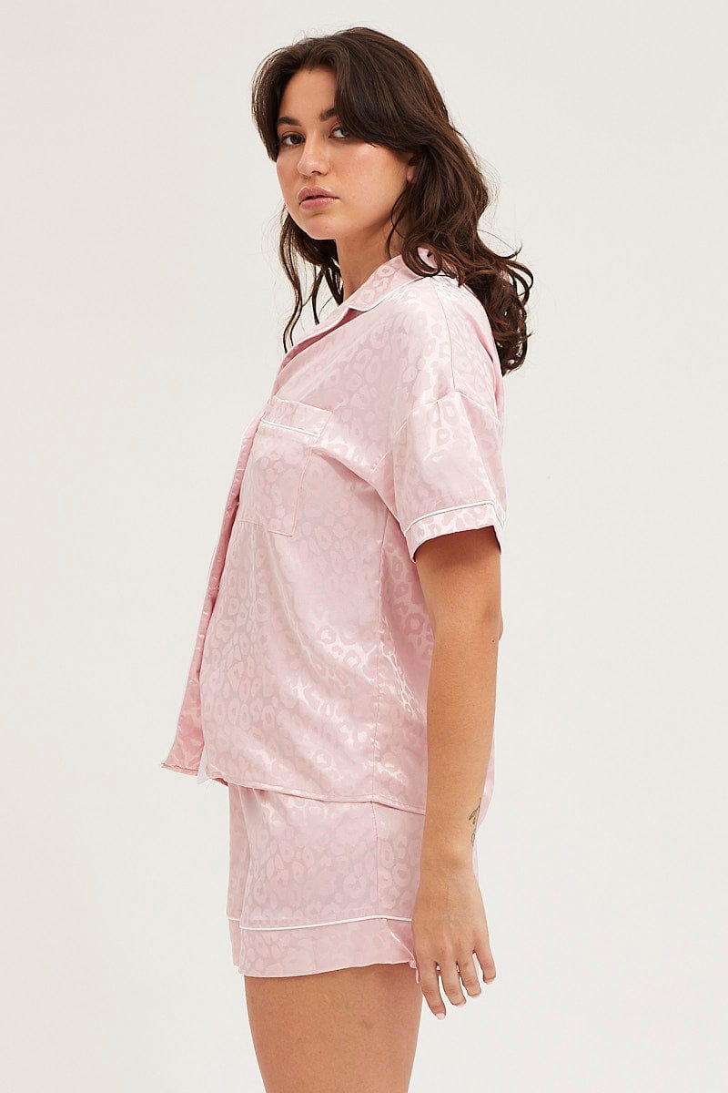SATIN SET Pink Satin Pajamas Set Short Sleeve for Women by Ally
