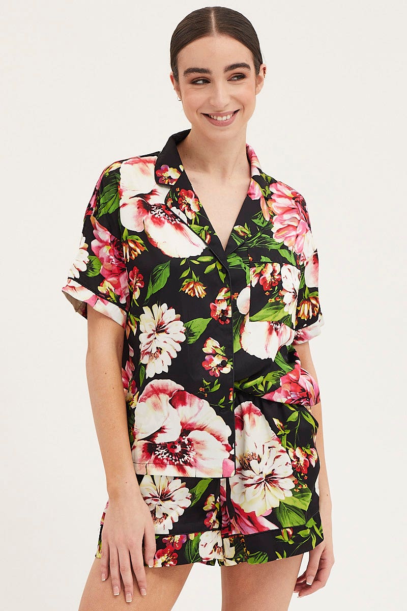 Women’s Print Satin Pajamas Set Short Sleeve | Ally Fashion