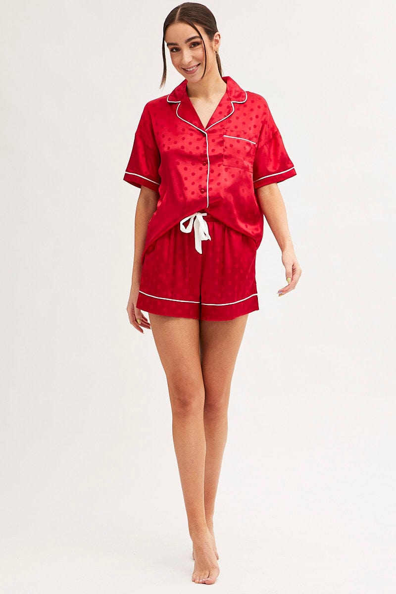 SATIN SET Red Polka Dot Pyjamas Set Short Sleeve Collared Shorts Satin for Women by Ally