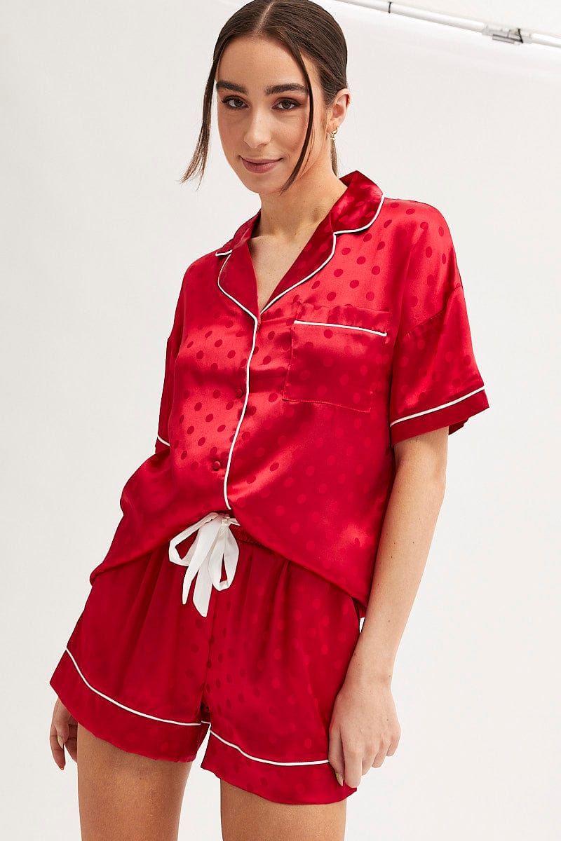 SATIN SET Red Polka Dot Pyjamas Set Short Sleeve Collared Shorts Satin for Women by Ally