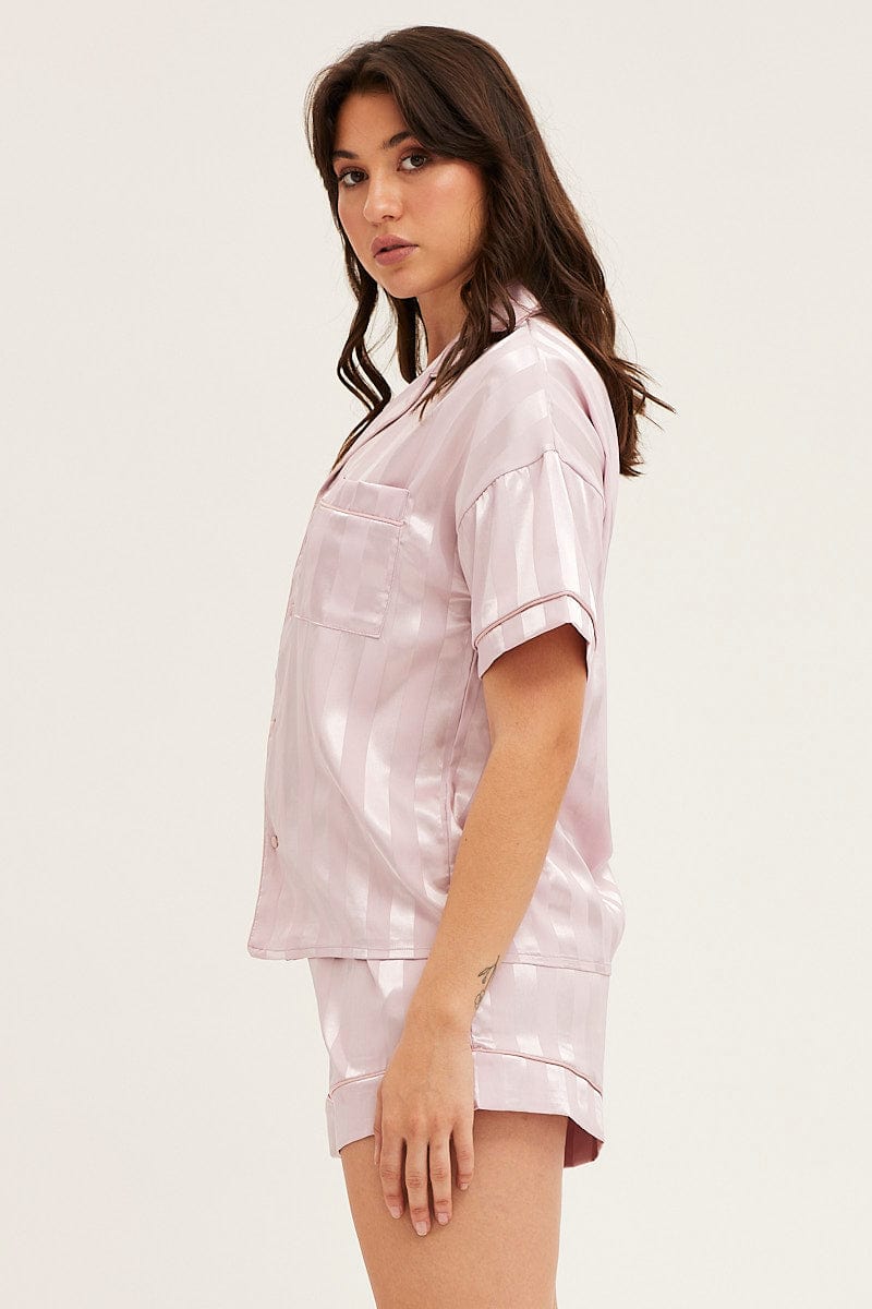SATIN SET Stripe Satin Pajamas Set Short Sleeve for Women by Ally
