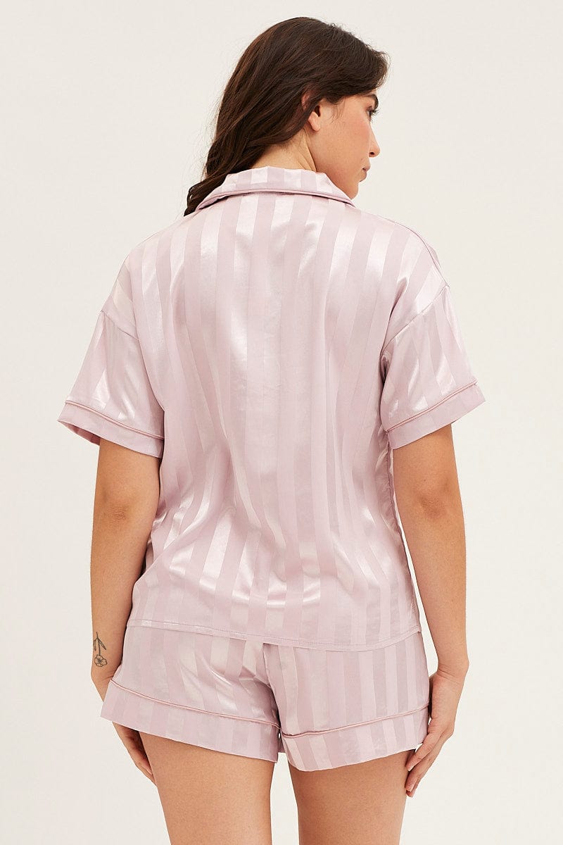 SATIN SET Stripe Satin Pajamas Set Short Sleeve for Women by Ally