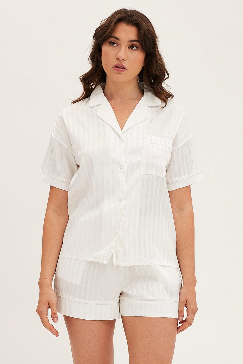 SATIN SET Stripe Satin Short Sleeve Top & Short Pj Set for Women by Ally