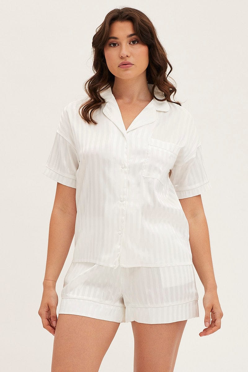 SATIN SET Stripe Satin Short Sleeve Top & Short Pj Set for Women by Ally