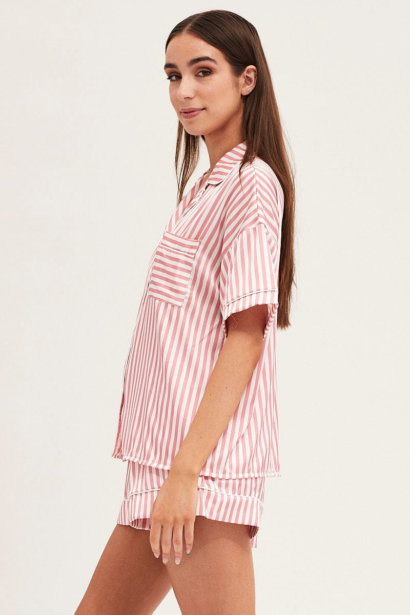 SATIN SET Stripe Satin Short Sleeve Top & Shorts Pj Set for Women by Ally