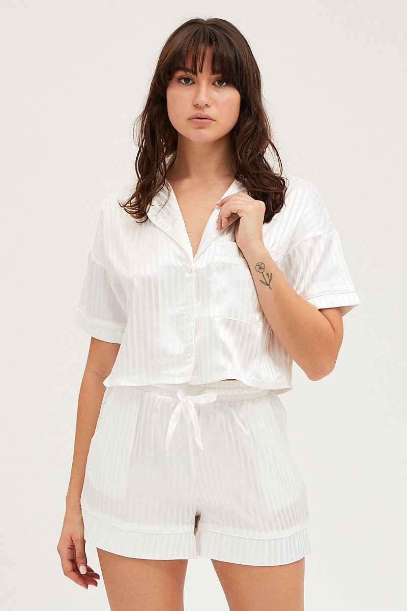 SATIN SET White Satin Pajamas Set Short Sleeve for Women by Ally