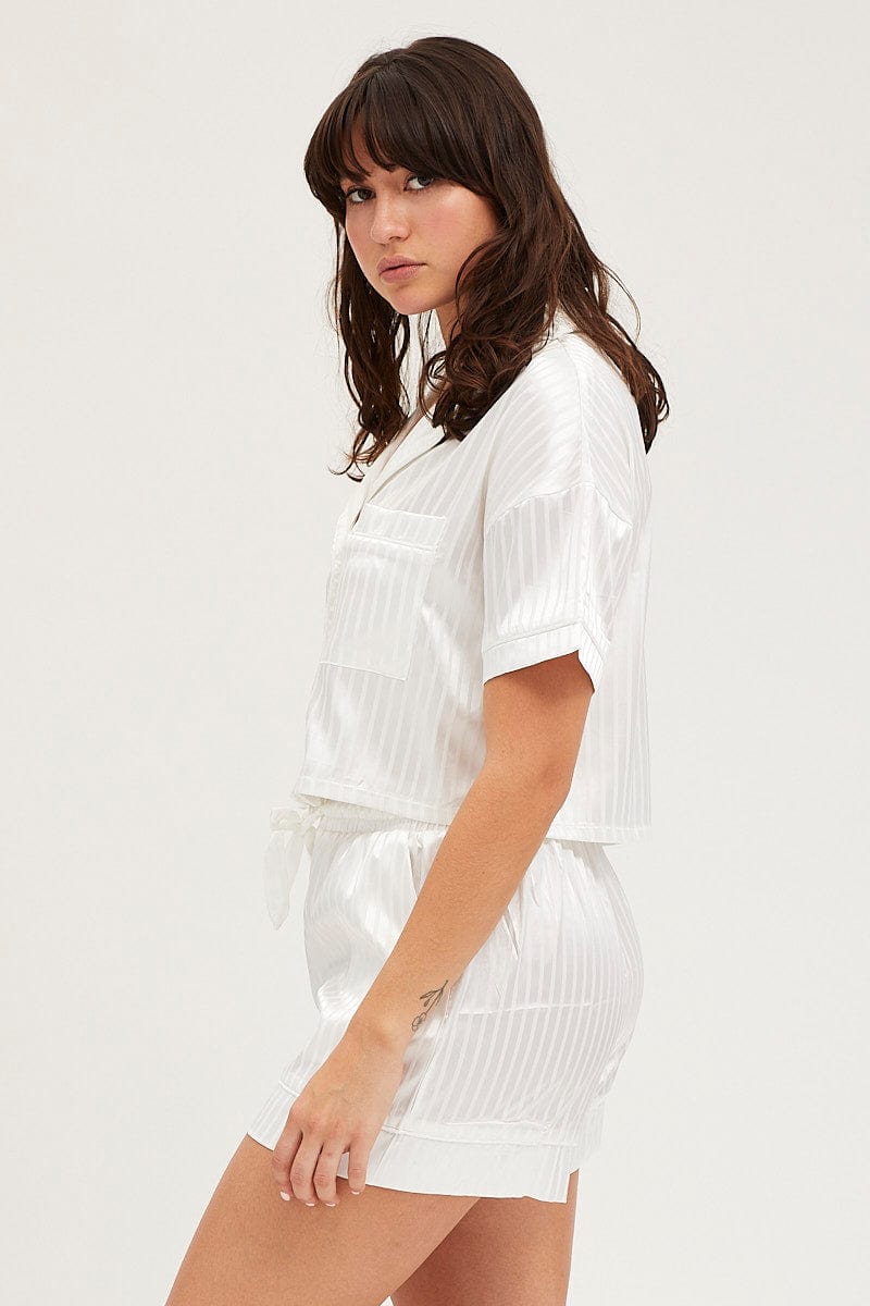 SATIN SET White Satin Pajamas Set Short Sleeve for Women by Ally